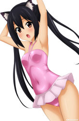 Rule 34 | 1girl, absurdres, animal ears, armpits, arms behind head, black hair, blush, breasts, brown eyes, casual one-piece swimsuit, cat ears, collarbone, covered navel, cowboy shot, highres, june, k-on!, long hair, looking at viewer, nakano azusa, navel, one-piece swimsuit, open mouth, pink one-piece swimsuit, shiny clothes, simple background, sitting, small breasts, solo, stomach, sugimura tomokazu, swimsuit, twintails, wariza, white background
