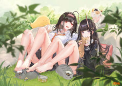 Rule 34 | 2girls, ahoge, ass, atdan, azur lane, bare legs, barefoot, bird, black hair, black shirt, black skirt, blurry, breasts, carrying, cat, chick, collared shirt, convenient censoring, convenient leg, depth of field, feet, feet on toy, foot on head, hair ornament, hairband, hairclip, hat, highres, horns, independence (azur lane), knees up, large breasts, long hair, long sleeves, looking at viewer, manjuu (azur lane), meowfficer (azur lane), military hat, miniskirt, multiple girls, necktie, noshiro (azur lane), oni horns, plant, pleated skirt, purple eyes, red eyes, revision, sailor collar, school uniform, shirt, skirt, spread toes, thighs, toes, trample, very long hair, white shirt, x hair ornament
