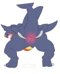 Rule 34 | 1girl, anus, ass, bebebe, bent over, black sclera, blush, claws, colored sclera, creatures (company), dragon, feet, female focus, fins, from behind, full body, furry, furry female, game freak, garchomp, gen 4 pokemon, jpeg artifacts, looking back, looking to the side, nintendo, no humans, open mouth, pokemon, pokemon (creature), presenting, pussy, pussy juice, pussy juice puddle, sharp teeth, shiny skin, simple background, solo, spread legs, spread pussy, standing, steam, tail, teeth, text focus, tongue, uncensored, unfinished, urethra, white background, yellow eyes