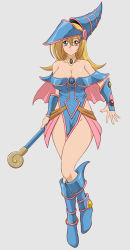 Rule 34 | 1girl, blonde hair, blue dress, blue footwear, blue headwear, blush stickers, boots, breasts, capelet, collar, collarbone, commentary request, dark magician girl, dress, duel monster, fingernails, full body, green eyes, grey background, hat, highres, holding, knee boots, large breasts, lento (glamour works), long hair, looking at viewer, pelvic curtain, pentacle, shiny skin, short dress, simple background, smile, thighs, vambraces, wand, wizard hat, yu-gi-oh!, yu-gi-oh! duel monsters