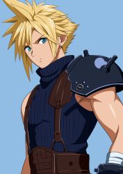 Rule 34 | 1boy, absurdres, aqua eyes, armor, bandaged arm, bandages, blonde hair, blue background, closed mouth, cloud strife, final fantasy, final fantasy vii, highres, looking at viewer, male focus, pauldrons, ribbed sweater, short hair, shoulder armor, simple background, single pauldron, sleeveless, sleeveless turtleneck, solo, spiked hair, suspenders, sweater, turtleneck, turtleneck sweater, upper body, yuuyuu (3jjbn)