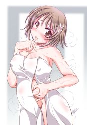 Rule 34 | 1girl, absurdres, belly, belly grab, blush, breasts, brown eyes, brown hair, bursting belly, cleavage, collarbone, covered erect nipples, curvy, fat rolls, hair ornament, hand on own chest, highres, idolmaster, idolmaster cinderella girls, large breasts, looking at viewer, meat day, mimura kanako, mizushiro takuya, naked towel, open mouth, pinching, plump, short hair, solo, steam, sweat, thighs, towel, undersized clothes, weight conscious