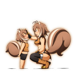 Rule 34 | &gt; &lt;, 2girls, :d, ahoge, animal ears, antenna hair, arc system works, bare shoulders, barefoot, bike shorts, blazblue, blazblue: continuum shift, blush stickers, breasts, brown hair, child, crying, dual persona, closed eyes, fingerless gloves, gloves, highres, makoto nanaya, medium breasts, mirano, multiple girls, open mouth, orange shirt, patting, headpat, shirt, shorts, small breasts, smile, squirrel ears, squirrel tail, tail, tears, thighhighs, time paradox, underboob, aged down