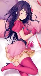 Rule 34 | 1girl, blush, capelet, chromatic aberration, closed mouth, commentary, cowboy shot, dress, frilled dress, frilled gloves, frills, gloves, hair between eyes, hair ornament, hair ribbon, head on pillow, high heels, hoshino ai (oshi no ko), idol, long hair, looking at viewer, lying, miniskirt, on bed, on side, one eye closed, oshi no ko, petticoat, pink capelet, pink dress, pink gloves, pink ribbon, pink thighhighs, purple eyes, purple hair, rabbit hair ornament, ribbon, rimuu, short dress, skirt, smile, solo, star-shaped pupils, star (symbol), star ornament, symbol-shaped pupils, thighhighs, thighs, v, v-shaped eyebrows, very long hair, zettai ryouiki