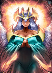 Rule 34 | 1girl, artist name, backlighting, bare shoulders, blue dress, blue hair, breasts, cleavage, closed eyes, closed mouth, collarbone, commentary, cowboy shot, dark-skinned female, dark elf (yu-gi-oh!), dark skin, dress, duel monster, english commentary, facing viewer, floating hair, hair between eyes, headpiece, highres, interlocked fingers, large breasts, long hair, long sleeves, own hands clasped, own hands together, praying, solo, straight hair, the golden smurf, very long hair, wide sleeves, yu-gi-oh!