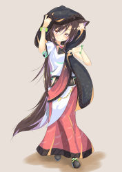 Rule 34 | 1girl, absurdres, animal ears, aranagi (arng 4401), beige background, blush, bowl, bowl hat, bracelet, breasts, brooch, brown hair, dress, full body, hat, highres, imaizumi kagerou, jewelry, long hair, looking at viewer, red eyes, simple background, smile, solo, standing, tail, touhou, traditional clothes, wolf ears, wolf tail, wristband