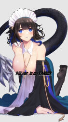 Rule 34 | 1girl, arknights, arm support, bare shoulders, black hair, black pantyhose, blue eyes, blue hair, blue lips, blue nails, breasts, breasts out, censored, censored nipples, cleavage, commentary request, detached collar, detached sleeves, dress, feet, grey background, highres, jewelry, kjera (arknights), kjera (ingenious servant) (arknights), large breasts, long sleeves, looking at viewer, maid, maid headdress, multicolored hair, nail polish, no shoes, official alternate costume, pantyhose, pendant, simple background, smile, soles, solo, strapless, strapless dress, tail, toes, variant set, white dress, wide sleeves, yamauchi (conan-comy)