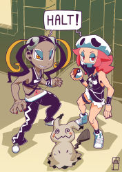 Rule 34 | 2girls, bandana, bandana over mouth, bare arms, bare shoulders, black hair, black pants, black shirt, blonde hair, breasts, building, chawalit adsawawalanon, costume, creatures (company), english text, eyeshadow, fingernails, forehead, game freak, ganguro, gen 7 pokemon, grin, hair ornament, half-closed eye, hat, highres, holding, holding poke ball, hunched over, jewelry, long hair, looking at viewer, makeup, medium breasts, mimikyu, multicolored hair, multiple girls, nail polish, navel, necklace, nintendo, no bra, orange eyes, pants, pikachu costume, pink eyes, pink hair, plumeria (pokemon), poke ball, pokemon, pokemon (creature), pokemon sm, quad tails, red nails, shadow, sharp teeth, shirt, shoes, shorts, sideboob, skull-shaped hat, skull hair ornament, skull hat, smile, socks, speech bubble, standing, tan, tank top, tattoo, team skull, team skull grunt, teeth, text focus, thigh strap, two-tone hair, uneven eyes, white footwear, white hat, white shorts, window, wristband