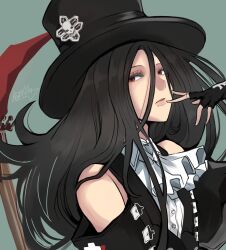 Rule 34 | 1other, androgynous, ascot, bare shoulders, black gloves, black hair, black hat, blood, fingerless gloves, gloves, guilty gear, guilty gear strive, hat, highres, long hair, looking at viewer, mariebell, other focus, parted lips, red eyes, scythe, testament (guilty gear), top hat, white ascot