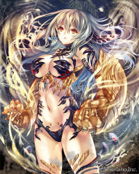 Rule 34 | 1girl, armor, breasts, brown eyes, center opening, clenched hand, company name, cowboy shot, eikou no guardian battle, floating hair, gauntlets, groin, head wings, highres, long hair, looking at viewer, madogawa, navel, official art, revealing clothes, shield, silver hair, solo, standing, very long hair, wind, wings