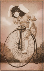 Rule 34 | 1990s (style), 1girl, :3, animal ears, barefoot, bicycle, bloomers, bush, carrot necklace, cloud, commentary, dress, english commentary, floppy ears, frilled sleeves, frills, full body, highres, inaba tewi, jewelry, looking at viewer, monochrome, necklace, outdoors, pendant, penny-farthing, puffy short sleeves, puffy sleeves, rabbit ears, rabbit girl, retro artstyle, riding, riding bicycle, short hair, short sleeves, sky, solo, step arts, tail, touhou, underwear