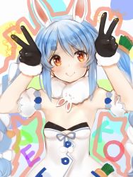 Rule 34 | 1girl, :p, animal ear fluff, animal ears, bad id, bad twitter id, black gloves, blue hair, blush, braid, breasts, closed mouth, detached sleeves, don-chan (usada pekora), double v, dress, fur-trimmed gloves, fur trim, gloves, hands up, highres, hololive, long hair, looking at viewer, nanashi (nlo), orange eyes, puffy detached sleeves, puffy short sleeves, puffy sleeves, rabbit-shaped pupils, rabbit ears, short eyebrows, short sleeves, small breasts, smile, solo, star (symbol), strapless, strapless dress, symbol-shaped pupils, thick eyebrows, tongue, tongue out, twin braids, twintails, upper body, usada pekora, usada pekora (1st costume), v, virtual youtuber, white dress