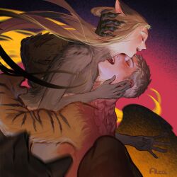 Rule 34 | 1boy, 1girl, animal ears, biting, black stripes, blonde hair, chimera, claws, closed eyes, commentary, dungeon meshi, fangs, feathered wings, feathers, floating hair, gradient background, grey fur, hand on another&#039;s head, highres, hug, laios touden, laios touden (chimera), long hair, lorein, marcille donato, marcille donato (scylla), monster boy, monster girl, neck biting, open mouth, orange fur, scylla, short hair, signature, simple background, spoilers, succubus (dungeon meshi), wings, wolf ears