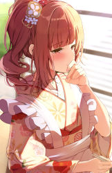 Rule 34 | 1girl, blush, brown eyes, brown hair, chopsticks, closed mouth, commentary request, covering own mouth, floral print, flower, hair flower, hair ornament, hand up, highres, holding, holding chopsticks, idolmaster, idolmaster cinderella girls, igarashi kyoko, japanese clothes, kimono, long sleeves, looking away, nail polish, nira (vira), pink nails, print kimono, side ponytail, solo, upper body, yellow kimono