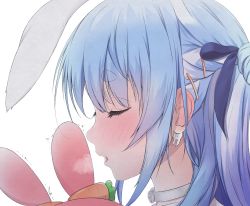 Rule 34 | 1girl, absurdres, animal ears, blowing in ear, blue hair, blue ribbon, blush, breath, choker, closed eyes, ear blush, earrings, extra ears, from side, hair ornament, hair ribbon, hairclip, highres, hololive, jewelry, long hair, maccaron61, multicolored hair, parted lips, pekomon (usada pekora), portrait, profile, rabbit ears, ribbon, simple background, solo, streaked hair, thick eyebrows, usada pekora, usada pekora (casual), virtual youtuber, white background, white choker, white hair