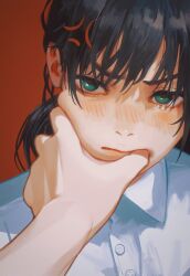 Rule 34 | 1girl, anger vein, angry, black hair, blush, chainsaw man, green eyes, highres, long hair, looking at viewer, low twintails, meme, mitaka asa, pov cheek grabbing (meme), shirt, simple background, solo, twintails, yao liao wang