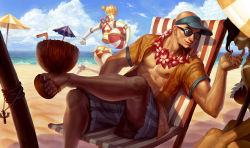 Rule 34 | 1boy, 2girls, abs, artist request, balancing, bald, ball, beach, beach umbrella, beachball, bikini, blouse, breasts, cloud, cocktail umbrella, coconut, couple, dark-skinned male, dark skin, day, deck chair, drink, drinking straw, facial hair, floral print, flower, flower necklace, flower wreath, fruit cup, goatee, hair bun, hair over eyes, hand on own chin, hawaiian shirt, hetero, highres, holding with feet, jewelry, joints, league of legends, lee sin, lei, medium breasts, multiple girls, muscular, necklace, nidalee, nipples, ocean, official art, open clothes, open shirt, orianna (league of legends), outdoors, reflection, robot, robot joints, sandals, severed torso, shirt, shorts, single hair bun, sitting, sky, smile, stroking own chin, summer, sunglasses, swimsuit, toes, umbrella, visor cap, winding key