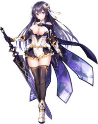 Rule 34 | arm armor, armored shoes, black diamond (jewel princess reincarnation), black hair, blue eyes, breasts, cape, cleavage, cleavage cutout, clothing cutout, elbow gloves, gloves, hair between eyes, hair ornament, highres, holding, holding sword, holding weapon, jewel princess reincarnation, large breasts, long hair, looking at viewer, official art, side cutout, skindentation, sword, thighhighs, weapon