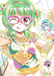 Rule 34 | 2girls, :q, animal print, blush, brown eyes, closed mouth, english text, green hair, hand on own hip, head tilt, long hair, looking at viewer, multiple girls, open door, original, panties, pink shirt, rabbit print, shirt, short twintails, sign, sleeveless, sleeveless shirt, smile, solid circle eyes, striped clothes, striped panties, sweatband, sweatdrop, tongue, tongue out, twintails, underwear, zpolice