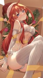 Rule 34 | 1girl, absurdres, ahoge, arms behind back, bare shoulders, blue eyes, blush, bound, bound wrists, bow, box, breasts, cardboard box, christmas, cleavage, closed mouth, curvy, detached sleeves, embarrassed, eyebrows hidden by hair, eyelashes, feet out of frame, go-toubun no hanayome, hair between eyes, hair ornament, hair over shoulder, hat, head tilt, highres, in box, in container, indoors, knees together feet apart, large breasts, long hair, long sleeves, looking at viewer, lying, meme attire, nakano itsuki, navel, nose blush, on side, profnote, red hair, ribbon, santa hat, sidelocks, solo, star (symbol), star hair ornament, thighs, tsurime, underboob, very long hair, virgin destroyer sweater, white bow, yellow ribbon