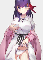 Rule 34 | 1girl, absurdres, bad id, bad pixiv id, blush, breasts, clothes lift, dress, dress lift, fate/stay night, fate (series), hair ribbon, highres, jacket, large breasts, long hair, long sleeves, looking at viewer, matou sakura, off shoulder, official alternate costume, open clothes, open jacket, panties, pink jacket, purple eyes, purple hair, red ribbon, ribbon, smile, underwear, white dress, white panties, yonkumi (gatling033)