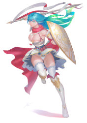 Rule 34 | 1girl, absurdres, aqua eyes, aqua hair, blue hair, boots, breasts, cleavage, detached sleeves, duan henglong, fantasy, frilled thighhighs, frills, full body, gradient hair, green hair, highres, knight, long hair, looking at viewer, multicolored hair, original, panties, pantyshot, parted lips, petticoat, red scarf, scarf, shield, solo, standing, standing on one leg, sword, thigh boots, thighhighs, underwear, weapon, white footwear, white panties, white thighhighs
