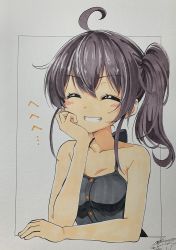 Rule 34 | 1girl, ^ ^, ahoge, bare arms, bare shoulders, black camisole, blush, breasts, brown hair, camisole, closed eyes, collarbone, cototiworld, grin, hair between eyes, halterneck, hand on own cheek, hand on own face, highres, hololive, marker (medium), natsuiro matsuri, natsuiro matsuri (1st costume), short hair, side ponytail, smile, solo, spaghetti strap, traditional media, virtual youtuber