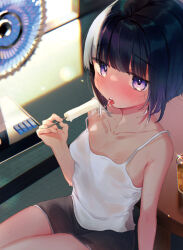 Rule 34 | 1girl, black hair, blush, breasts, camisole, commentary request, cup, drinking glass, eating, electric fan, food, hot, indoors, kanro ame (ameko), kotatsu, looking at viewer, original, popsicle, purple eyes, saliva, saliva trail, short hair, shorts, sitting, small breasts, solo, sunlight, table, tatami, tongue, tongue out, white camisole