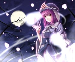 Rule 34 | 1girl, bug, butterfly, butterfly on hand, cherry blossoms, face, female focus, frills, full moon, gayprince, ghost, hat, highres, hitodama, bug, japanese clothes, moon, night, petals, pink hair, red eyes, saigyouji yuyuko, short hair, solo, touhou, tree