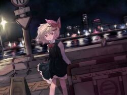 Rule 34 | 1girl, adapted costume, ascot, black skirt, blonde hair, breasts, collared shirt, dutch angle, feet out of frame, frilled skirt, frills, hatut, highres, lamppost, long sleeves, looking at viewer, medium hair, night, open mouth, outdoors, red ascot, red eyes, road sign, rumia, shirt, sign, skirt, small breasts, solo, standing, suspender skirt, suspenders, touhou, white shirt
