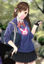 Rule 34 | 1girl, alternate costume, animal print, bag, blue shirt, blue skirt, blurry, blurry background, bow, bowtie, branch, brown eyes, brown hair, blowing bubbles, casual, chewing gum, collared shirt, commentary request, covered mouth, cowboy shot, d.va (overwatch), facepaint, facial mark, hand on own hip, head tilt, headphones, hood, hoodie, long hair, looking at viewer, messenger bag, miniskirt, outdoors, overwatch, overwatch 1, pleated skirt, rabbit print, rinkuruto, shirt, shoulder bag, signature, skirt, solo, tree, whisker markings, white shirt