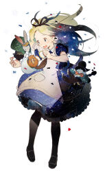 Rule 34 | 1girl, 21grams, alice (alice in wonderland), alice in wonderland, animification, apron, black footwear, black headwear, black pants, black pantyhose, black ribbon, blonde hair, blue coat, blue dress, blue eyes, blue sleeves, bow, bowtie, brown headband, brown shirt, club (shape), coat, collar, collared dress, commentary request, diamond (shape), dress, eyelashes, food, full body, green coat, green sleeves, hair lift, hair ribbon, hat, headband, heart, holding, holding food, holding pocky, holding teapot, lace, lace-trimmed dress, lace trim, long hair, long sleeves, looking at animal, looking at another, mary janes, open clothes, open coat, open mouth, oversized object, pants, pantyhose, pocket, pocky, polka dot bowtie, puffy short sleeves, puffy sleeves, rabbit, red bow, red bowtie, ribbon, shirt, shoes, short dress, short sleeves, simple background, smile, snowman, solo, spade (shape), squirrel, teapot, teeth, top hat, traditional bowtie, upper teeth only, white apron, white background, white collar, white rabbit (alice in wonderland)