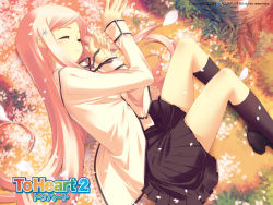 Rule 34 | 00s, black socks, cherry blossoms, copyright name, from above, kawata hisashi, kneehighs, long hair, lucy maria misora, official art, official wallpaper, pink hair, sleeping, socks, solo, to heart (series), to heart 2, wallpaper