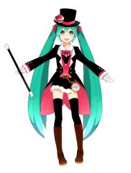 Rule 34 | 1girl, asougi1056, belt, boots, bow, bowtie, chain, full body, gloves, green eyes, green hair, hat, hatsune miku, knee boots, long hair, magician, matching hair/eyes, open mouth, skirt, solo, thighhighs, top hat, twintails, very long hair, vocaloid, wand, watch, white background
