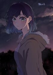Rule 34 | 1girl, blue eyes, blue hair, blush, brown jacket, closed mouth, commentary, copyright name, fur-trimmed hood, fur trim, gradient hair, hair behind ear, hashtag-only commentary, hood, hooded jacket, jacket, kurokawa akane, looking at viewer, multicolored hair, nara (menosora), night, night sky, open clothes, open jacket, oshi no ko, outdoors, shooting star, sky, solo, star (sky), starry sky, upper body, wavy mouth