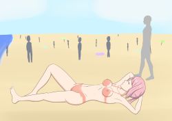 Rule 34 | absurdres, ahoge, armpits, arms behind head, arucaxis, beach, bikini, bodypaint, breasts, cleft of venus, closed eyes, closed mouth, completely nude, english text, exhibitionism, faceless, faceless female, faceless male, from side, highres, leg up, lying, multiple boys, multiple girls, navel, nude, on back, original, outdoors, painted clothes, pink hair, public indecency, pussy, short hair, sideboob, sleeping, smile, solo focus, swimsuit, uncensored