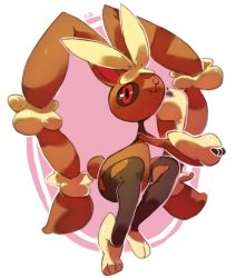 Rule 34 | closed mouth, commentary, creature, creatures (company), english commentary, full body, furry, game freak, gen 4 pokemon, lopunny, mega lopunny, mega pokemon, nintendo, pink background, pinkgermy, pokemon, pokemon (creature), red eyes, signature, simple background, smile, solo