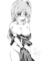 Rule 34 | 1girl, bad id, bad pixiv id, blush, bottomless, breast hold, breasts, female focus, fuantei, greyscale, groin, hair bobbles, hair ornament, huge breasts, long hair, monochrome, mystic square, shinki (touhou), side ponytail, solo, touhou, touhou (pc-98)