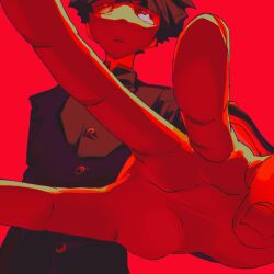 Rule 34 | 1boy, arm at side, buttons, commentary, fishcoooo, floating hair, foreshortening, gakuran, hand focus, high collar, highres, kageyama shigeo, long sleeves, male focus, mob psycho 100, monochrome, open mouth, outstretched hand, red theme, sanpaku, school uniform, short hair, simple background, solo, upper body, upturned eyes