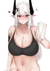 Rule 34 | 1girl, absurdres, arknights, bare shoulders, beer mug, black sports bra, blush, breasts, cleavage, closed mouth, collarbone, cum, cum in container, cup, earrings, heart, highres, holding, holding cup, horns, jewelry, large breasts, long hair, looking at viewer, machan, material growth, mudrock (arknights), mudrock (elite ii) (arknights), mug, navel, oripathy lesion (arknights), pointy ears, red eyes, simple background, smile, solo, sports bra, sweat, upper body, very long hair, white background, white hair
