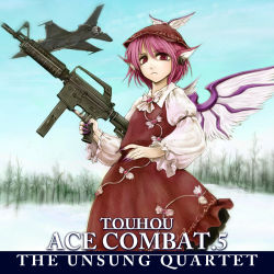Rule 34 | 1girl, ace combat, ace combat 5, aircraft, airplane, animal ears, cervus, f-16, female focus, fighter jet, gun, hat, jet, military, military vehicle, mystia lorelei, parody, pink hair, red eyes, rifle, short hair, solo, submachine gun, touhou, trigger discipline, weapon, wings