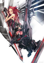 Rule 34 | 10s, 1girl, android, bare shoulders, beatless, black thighhighs, boots, breasts, grin, highres, joints, kouka (beatless), long hair, md5 mismatch, original, red eyes, red hair, redjuice, resolution mismatch, robot joints, science fiction, sideboob, simple background, smile, solo, source larger, straddling, thigh boots, thighhighs