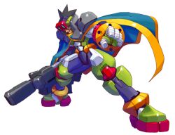 Rule 34 | 1boy, absurdres, android, archived source, armor, black hair, blue eyes, cape, craft (mega man), full body, green armor, green cape, gun, highres, holding, holding gun, holding weapon, male focus, mega man (series), mega man zero (series), mega man zero 4, nakayama tooru, rifle, shoulder armor, simple background, solo, weapon, white background