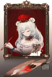 Rule 34 | 1girl, animal ears, arknights, bear ears, breasts, brown background, cleavage, closed eyes, closed mouth, commentary, cowboy shot, cropped torso, dress, gem, grey dress, hair ornament, hat, highres, holding, holding paintbrush, large breasts, long hair, official alternate costume, paintbrush, painting (object), palette (object), portrait (object), qiumoyixing, red gemstone, red hat, rosa (arknights), rosa (masterpiece) (arknights), solo, tassel, tassel hair ornament, white hair