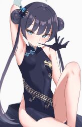 Rule 34 | 1girl, arm behind head, biting, black dress, black gloves, black hair, blue archive, breasts, butterfly hair ornament, china dress, chinese clothes, closed mouth, double bun, dress, glove biting, gloves, grey eyes, hair bun, hair ornament, halo, highres, kisaki (blue archive), knee up, looking at viewer, minazuki (uraha246), simple background, sitting, small breasts, solo, twintails, white background