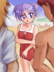 Rule 34 | 00s, alternate hairstyle, beach, blue eyes, blush, collarbone, covering privates, day, double bun, hair ribbon, hiiragi kagami, kanakana, lucky star, nervous, one-piece swimsuit, open mouth, purple hair, ribbon, solo, sweat, swimsuit, tsurime