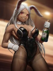 Rule 34 | 1girl, absurdres, alcohol, animal ears, bare shoulders, black leotard, boku no hero academia, bottle, breasts, breasts apart, covered abs, covered navel, dark-skinned female, dark skin, detached collar, female focus, gloves, grin, hand on own hip, highleg, highleg leotard, highres, holding, holding bottle, large breasts, leotard, long hair, mirko, muscular, muscular female, numanoan, pantyhose, parted bangs, playboy bunny, rabbit ears, rabbit girl, red eyes, smile, solo, standing, strapless, strapless leotard, thighband pantyhose, thighs, toned, white gloves, white hair