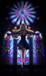 Rule 34 | 1girl, blonde hair, breasts, cleavage, dress, glowing, glowing eyes, green eyes, highres, lipstick, long hair, makeup, meitantei conan, mitar, outstretched arms, pouch, solo, stained glass, thigh pouch, vermouth (meitantei conan)