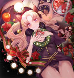 Rule 34 | 1girl, absurdres, bishooji, black background, blonde hair, blush, bow, breasts, breasts apart, cameltoe, christmas, commentary request, cookie, dot nose, earrings, ereshkigal (fate), fate/grand order, fate (series), food, gluteal fold, hair bow, highres, jewelry, long hair, looking at viewer, medium breasts, open mouth, parted bangs, solo
