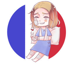 Rule 34 | 1boy, axis powers hetalia, bandages, bandage on face, blonde hair, cast, commentary, closed eyes, facial hair, france, france (hetalia), french flag, heart, highres, injury, male focus, malikui, open mouth, pillow, smile, solo, v